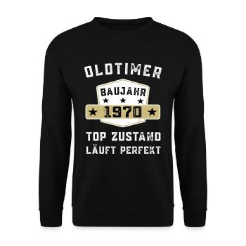 Lustiger Oldtimer 1970 Geburtstag Spruch - Unisex Pullover - Schwarz - Vorne - Alina (178cm) & Michal (187cm)