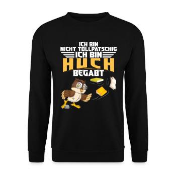 Eule Pechvogel Huch begabt und nicht tollpatschig - Unisex Pullover - Schwarz - Vorne - Alina (178cm) & Michal (187cm)
