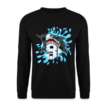 Geburtstagsgeschenk zum 9. Geburtstag Kinder Hai - Unisex Pullover - Schwarz - Vorne - Alina (178cm) & Michal (187cm)