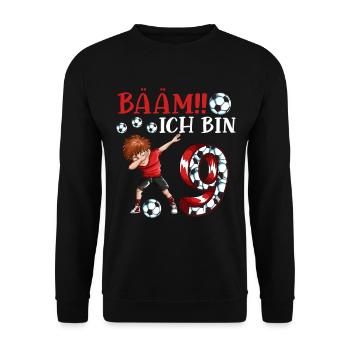 Fußballspieler Dabbing Kinder Outfit 9. Geburtstag - Unisex Pullover - Schwarz - Vorne - Alina (178cm) & Michal (187cm)