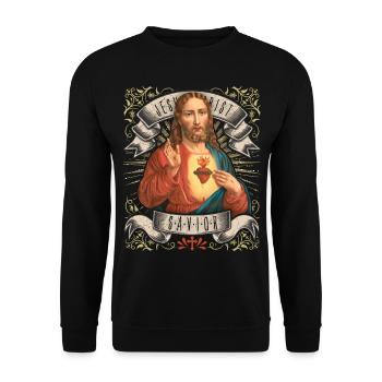 Jésus vintage, Jésus-Christ, Sacré-Cœur - Sweat-shirt Unisexe - noir - Devant - Alina (178cm) & Michal (187cm)