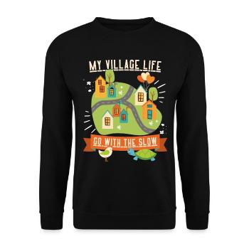 Vie de village, vie à la campagne, drôle de dicton slow-life - Sweat-shirt Unisexe - noir - Devant - Alina (178cm) & Michal (187cm)