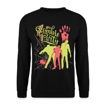 Zombie-Party, lustiger Spruch mit Zombies, Spinne - Unisex Pullover - Schwarz - Vorne - Alina (178cm) & Michal (187cm)