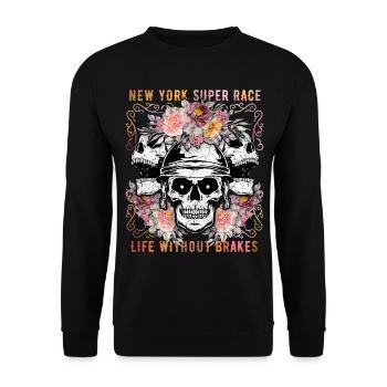 Totenkopf Skull, Motorrad, New York Biker-Race - Unisex Pullover - Schwarz - Vorne - Alina (178cm) & Michal (187cm)