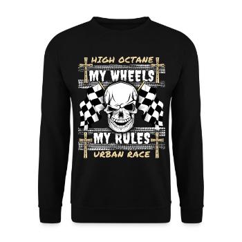 Totenkopf, Skull, Racing, Autorennen, Biker-Design - Unisex Pullover - Schwarz - Vorne - Alina (178cm) & Michal (187cm)
