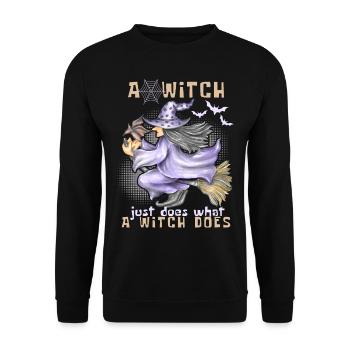 Hexe, Hexe auf Besen, Halloween, lustiger Spruch - Unisex Pullover - Schwarz - Vorne - Alina (178cm) & Michal (187cm)