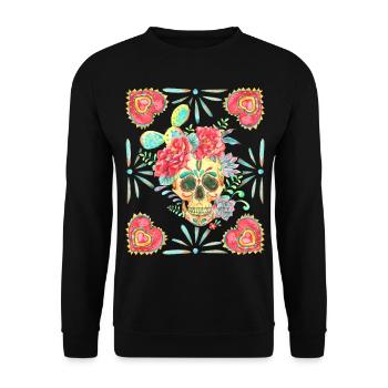 Mexikanischer Sugar-Skull, Herz-Heart und Kaktus - Unisex Pullover - Schwarz - Vorne - Alina (178cm) & Michal (187cm)