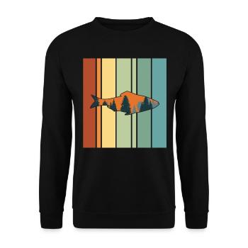 Angeln Fisch Bäume Berg Retro Vintage - Unisex Pullover - Schwarz - Vorne - Alina (178cm) & Michal (187cm)