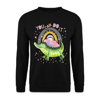 Lustiges-Krokodil Motivationsspruch mit Regenbogen - Unisex Pullover - Schwarz - Vorne - Alina (178cm) & Michal (187cm)