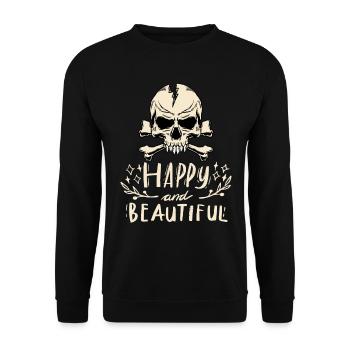 Skull, Skull with saying Happy-And-Beautiful - Unisex Sweatshirt - black - Front - Alina (178cm) & Michal (187cm)