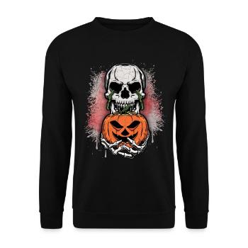 Lustiger Skull mit Halloween-Kürbis Vintage-Stil - Unisex Pullover - Schwarz - Vorne - Alina (178cm) & Michal (187cm)