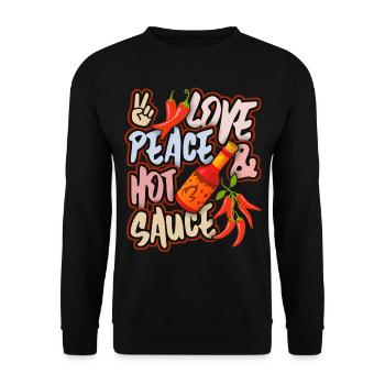 Pepperoni, Pfeffer scharfe Soße, Peace-and-Love - Unisex Pullover - Schwarz - Vorne - Alina (178cm) & Michal (187cm)