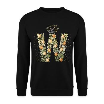 Monogramm Buchstabe W mit Krone, florales Ornament - Unisex Pullover - Schwarz - Vorne - Alina (178cm) & Michal (187cm)