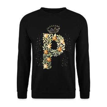 Monogram letter P with crown, floral ornament - Unisex Sweatshirt - black - Front - Alina (178cm) & Michal (187cm)