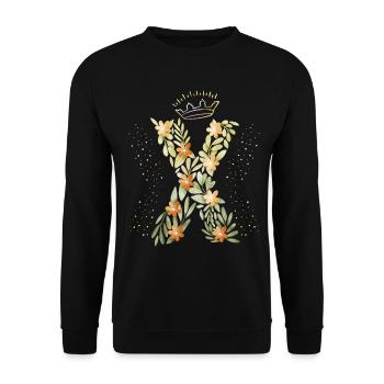 Monogramm Buchstabe X mit Krone, florales Ornament - Unisex Pullover - Schwarz - Vorne - Alina (178cm) & Michal (187cm)