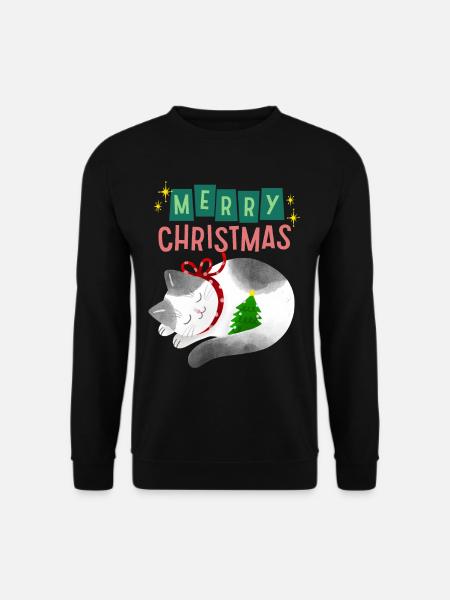 Katze mit Weihnachtsbaum, Weihnachten Spruch - Unisex Pullover - Schwarz