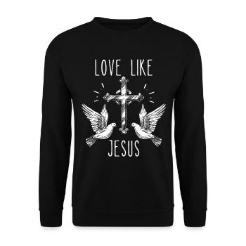 Jesus Christus Kreuz, Friedenstauben, Spruch - Unisex Pullover - Schwarz - Vorne - Alina (178cm) & Michal (187cm)