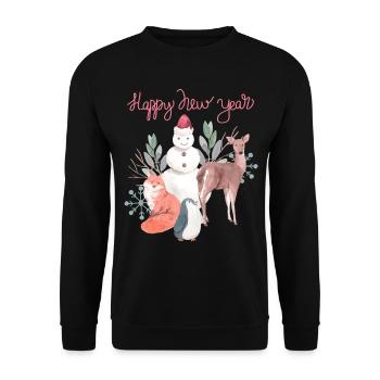 Bonne année avec bonhomme de neige et cerf - Sweat-shirt Unisexe - noir - Devant - Alina (178cm) & Michal (187cm)