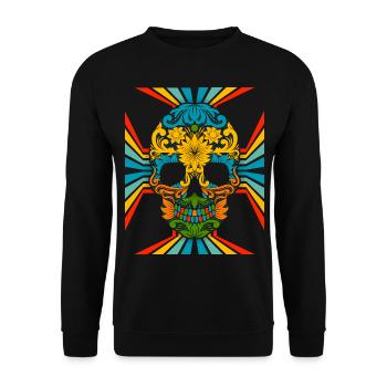 70er Jahre Flower-Power Skull Retro-Totenkopf - Unisex Pullover - Schwarz - Vorne - Alina (178cm) & Michal (187cm)
