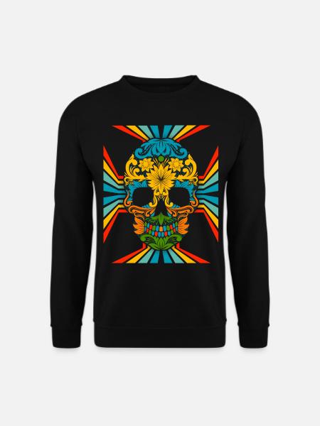 70er Jahre Flower-Power Skull Retro-Totenkopf - Unisex Pullover - Schwarz