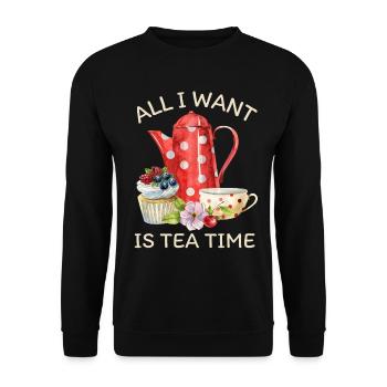 Teetrinker, Tee mit Teekanne und Cupcake - Unisex Pullover - Schwarz - Vorne - Alina (178cm) & Michal (187cm)