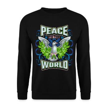 Frieden, Frieden-Spruch mit Friedenstaube - Unisex Pullover - Schwarz - Vorne - Alina (178cm) & Michal (187cm)