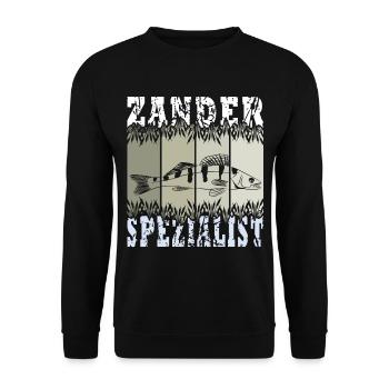 Zander Crew - Angeln, Angler Geschenk - Unisex Pullover - Schwarz - Vorne - Alina (178cm) & Michal (187cm)