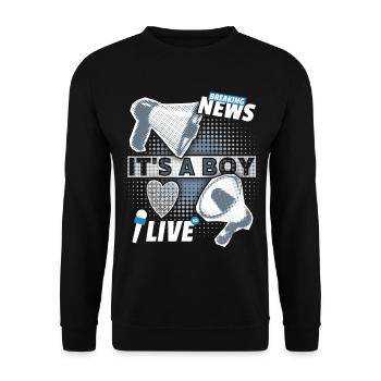 Baby-Junge, Ankündigung mit Megaphon, It's-a-Boy - Unisex Pullover - Schwarz - Vorne - Alina (178cm) & Michal (187cm)