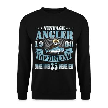 35 Jahre Geschenk 35 Geburtstag Angler Angeln 1988 - Unisex Pullover - Schwarz - Vorne - Alina (178cm) & Michal (187cm)