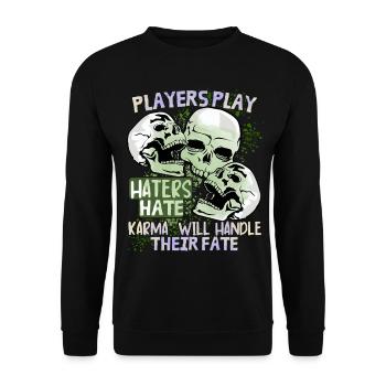 Comic Totenkopf Skull lustiger Schicksal-Spruch - Unisex Pullover - Schwarz - Vorne - Alina (178cm) & Michal (187cm)