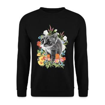 Katze Blumen - Unisex Pullover - Schwarz - Vorne - Alina (178cm) & Michal (187cm)