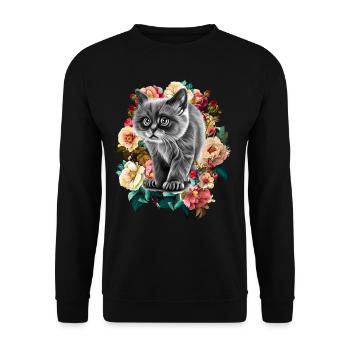 Katze Blumen - Unisex Pullover - Schwarz - Vorne - Alina (178cm) & Michal (187cm)