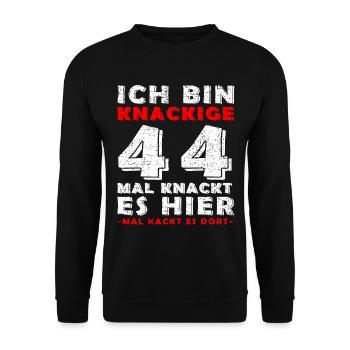 44. Geburtstag Mann Jahrgang 44 Jahre alt Spruch - Unisex Pullover - Schwarz - Vorne - Alina (178cm) & Michal (187cm)
