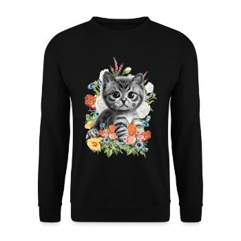 Katze Blumen - Unisex Pullover - Schwarz - Vorne - Alina (178cm) & Michal (187cm)