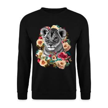 Löwe Blumen - Unisex Pullover - Schwarz - Vorne - Alina (178cm) & Michal (187cm)