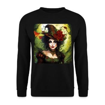 Halloween Fee mit Hut und Blumen - Unisex Pullover - Schwarz - Vorne - Alina (178cm) & Michal (187cm)