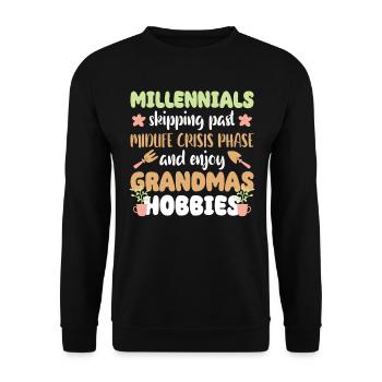 Millennials Enjoy Grandmas Hobbies Pflanzen - Unisex Pullover - Schwarz - Vorne - Alina (178cm) & Michal (187cm)