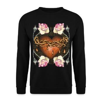Jesus, Jesus Christus, Dornenkrone, Herz mit Rosen - Unisex Pullover - Schwarz - Vorne - Alina (178cm) & Michal (187cm)