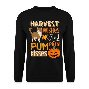 Herbst Ernte mit Kürbis und lustiger Katze - Unisex Pullover - Schwarz - Vorne - Alina (178cm) & Michal (187cm)