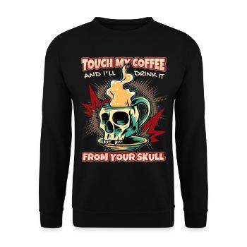 Lustiger Kaffeetrinker Spruch mit Skull Totenkopf - Unisex Pullover - Schwarz - Vorne - Alina (178cm) & Michal (187cm)