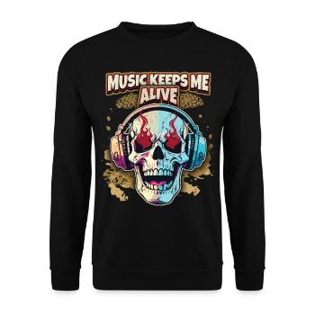 Lustiger Totenkopf mit Kopfhörer, Music Lover - Unisex Pullover - Schwarz - Vorne - Alina (178cm) & Michal (187cm)