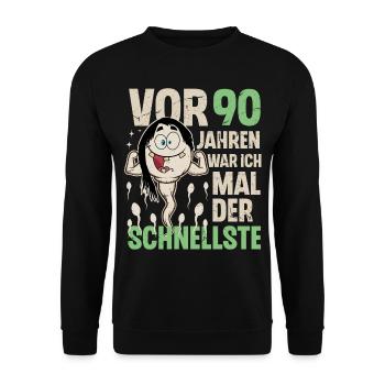 90. Geburtstag 90 Jahre War Ich Mal Der Schnellste - Unisex Pullover - Schwarz - Vorne - Alina (178cm) & Michal (187cm)