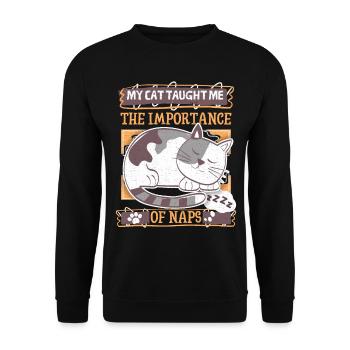 Müde Katze, lustiger Spruch, Cartoon Katze schläft - Unisex Pullover - Schwarz - Vorne - Alina (178cm) & Michal (187cm)