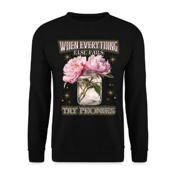 Blumen-Spruch mit Pfingstrosen Illustration - Unisex Pullover - Schwarz - Vorne - Alina (178cm) & Michal (187cm)