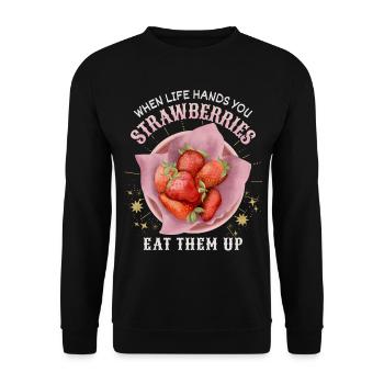 Erdbeeren lustiger Spruch mit Erdbeer Illustration - Unisex Pullover - Schwarz - Vorne - Alina (178cm) & Michal (187cm)