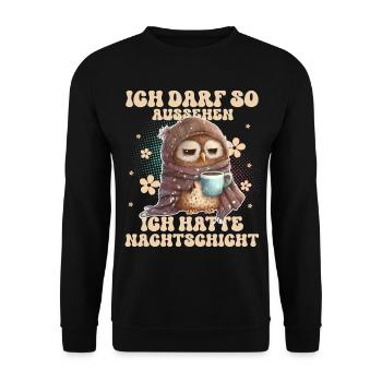 Eule Nachtschicht Müde Kaffee - Unisex Pullover - Schwarz - Vorne - Alina (178cm) & Michal (187cm)