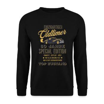 80. Geburtstag Oldtimer TOP ZUSTAND - Unisex Pullover - Schwarz - Vorne - Alina (178cm) & Michal (187cm)