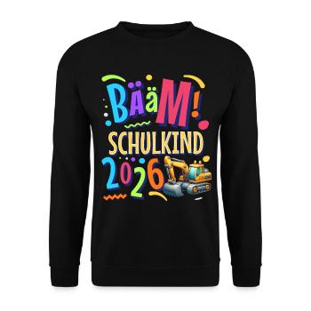 Einschulung Bagger Schulanfänger 2026 - Unisex Pullover - Schwarz - Vorne - Alina (178cm) & Michal (187cm)
