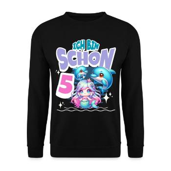 5. Geburtstag Meerjungfrau Delfin Kinder Mädchen - Unisex Pullover - Schwarz - Vorne - Alina (178cm) & Michal (187cm)