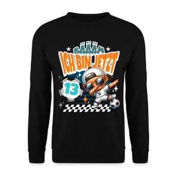 Fußball 13. Geburtstag Bääm Ich Bin Jetzt 13 - Unisex Pullover - Schwarz - Vorne - Alina (178cm) & Michal (187cm)